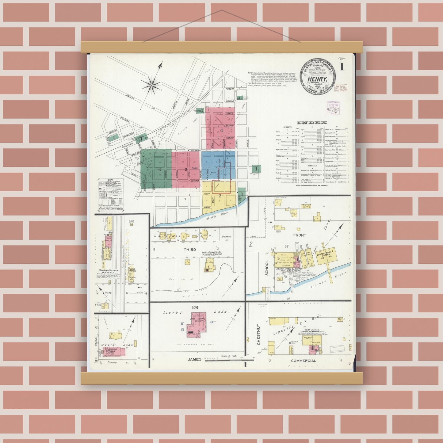 Old map wall art mockup — magnetic wood frame on brick wall — Sanborn Fire Insurance Map from Henry, Marshall County, Illinois (1907) - Complete Map Set