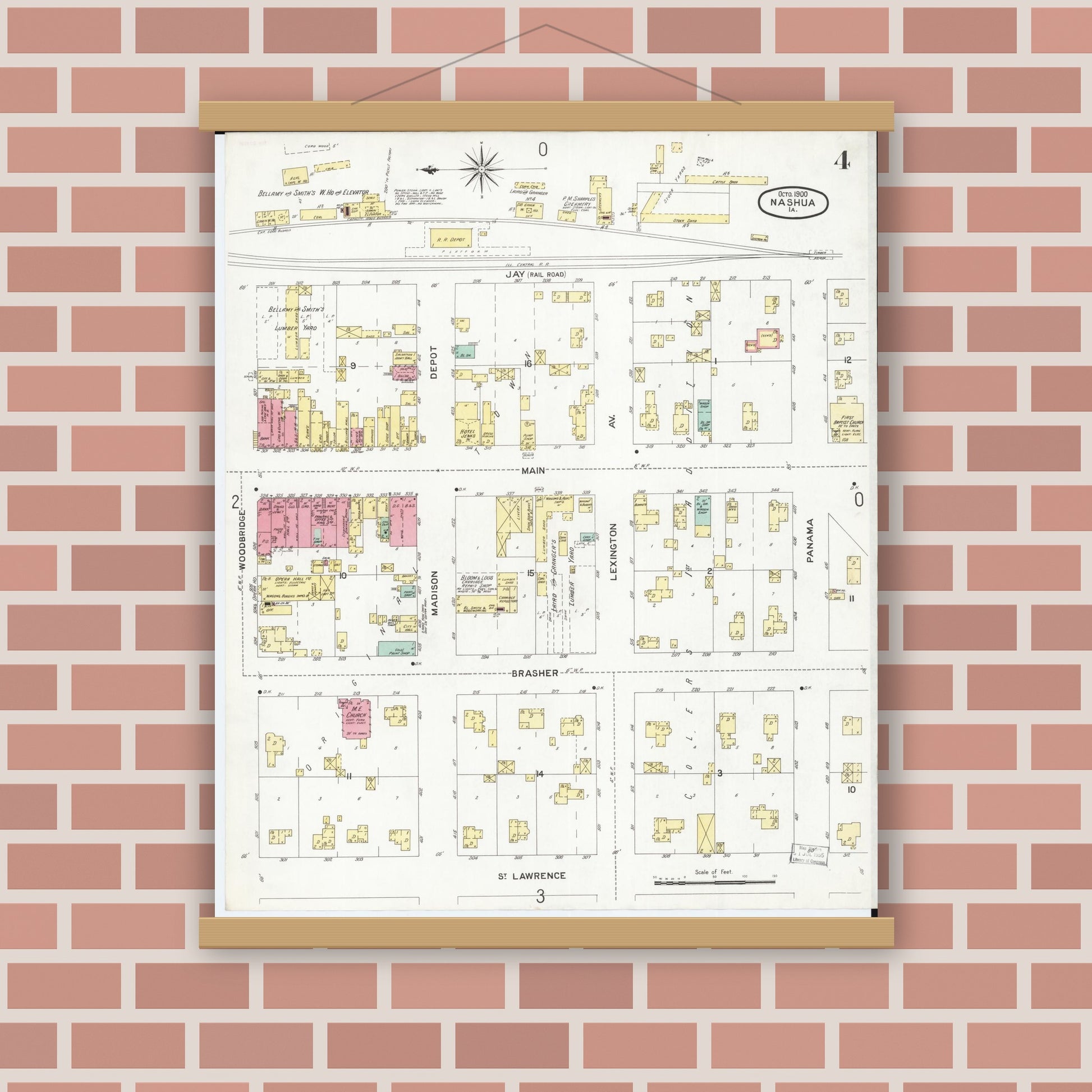 Old map wall art mockup — magnetic wood frame on brick wall — Sanborn Fire Insurance Map from Nashua, Chickasaw County, Iowa (1900), Sheet #0004