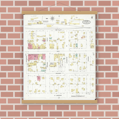 Old map wall art mockup — magnetic wood frame on brick wall — Sanborn Fire Insurance Map from Nashua, Chickasaw County, Iowa (1900), Sheet #0004