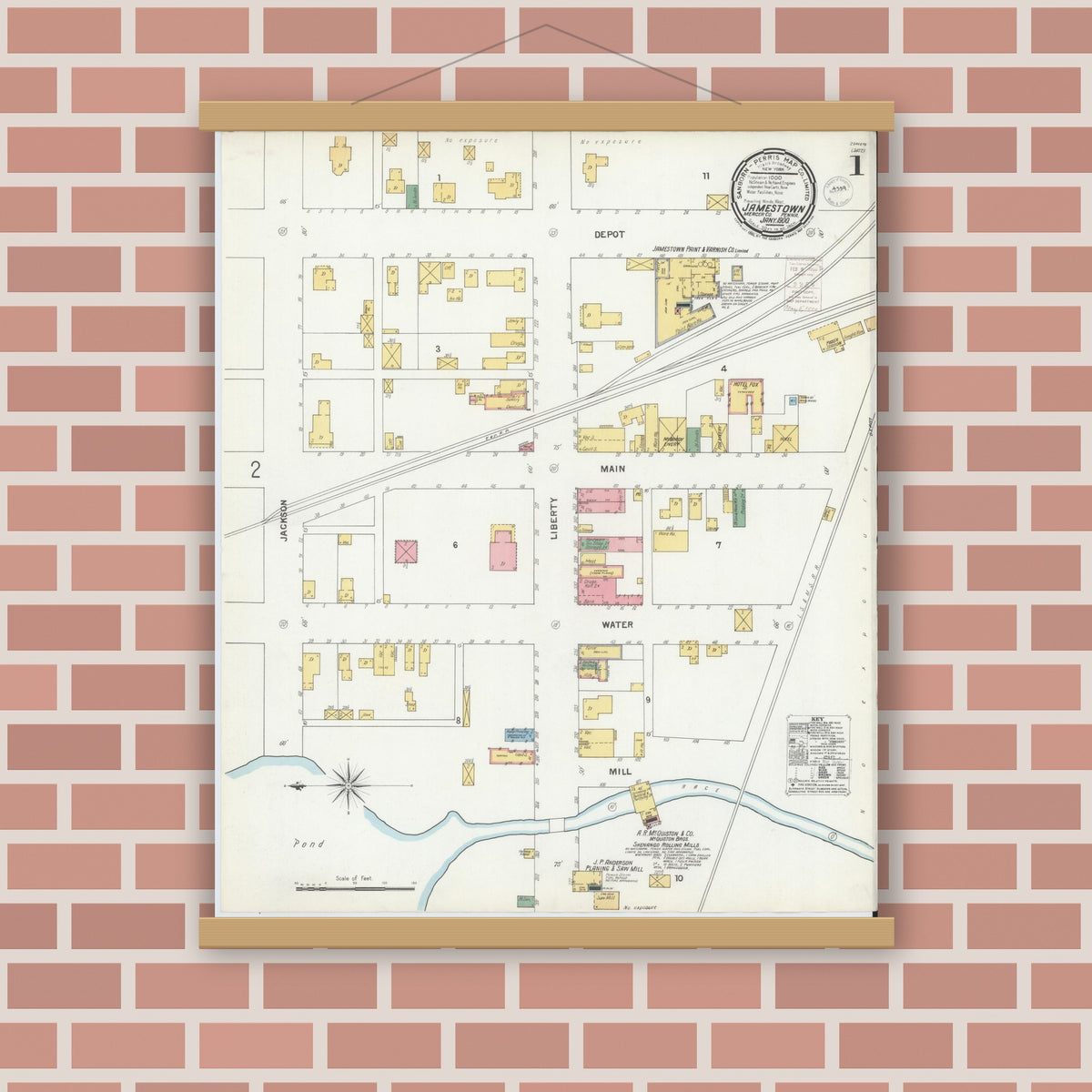 Old map wall art mockup — magnetic wood frame on brick wall — Sanborn Fire Insurance Map from Jamestown, Mercer County, Pennsylvania (1900) - Complete Map Set
