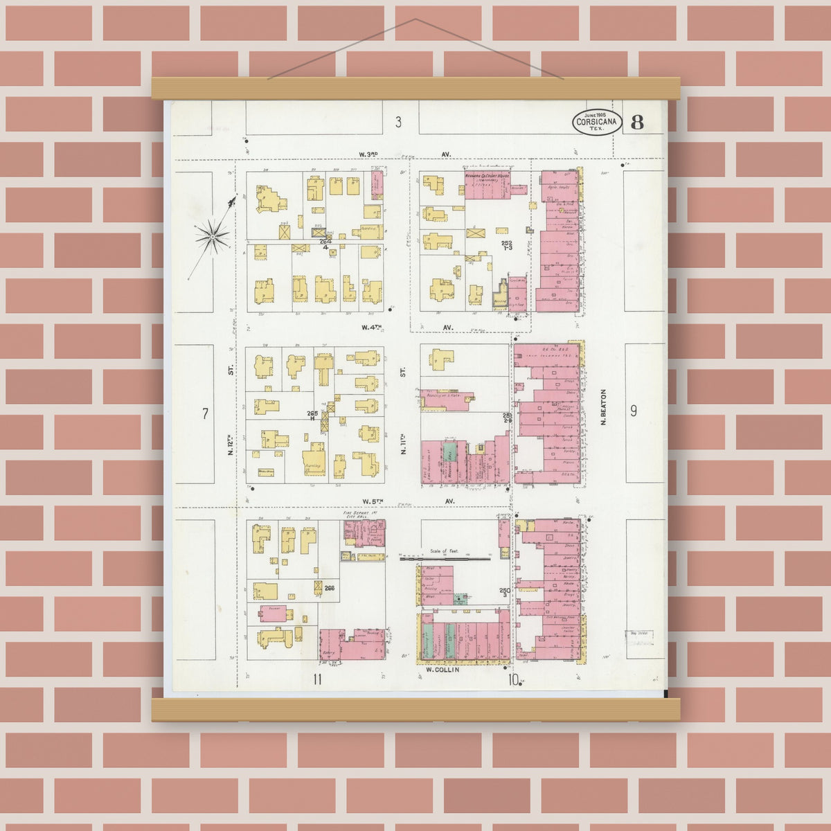 Old map wall art mockup — magnetic wood frame on brick wall — Sanborn Fire Insurance Map from Corsicana, Navarro County, Texas (1905), Sheet #0008