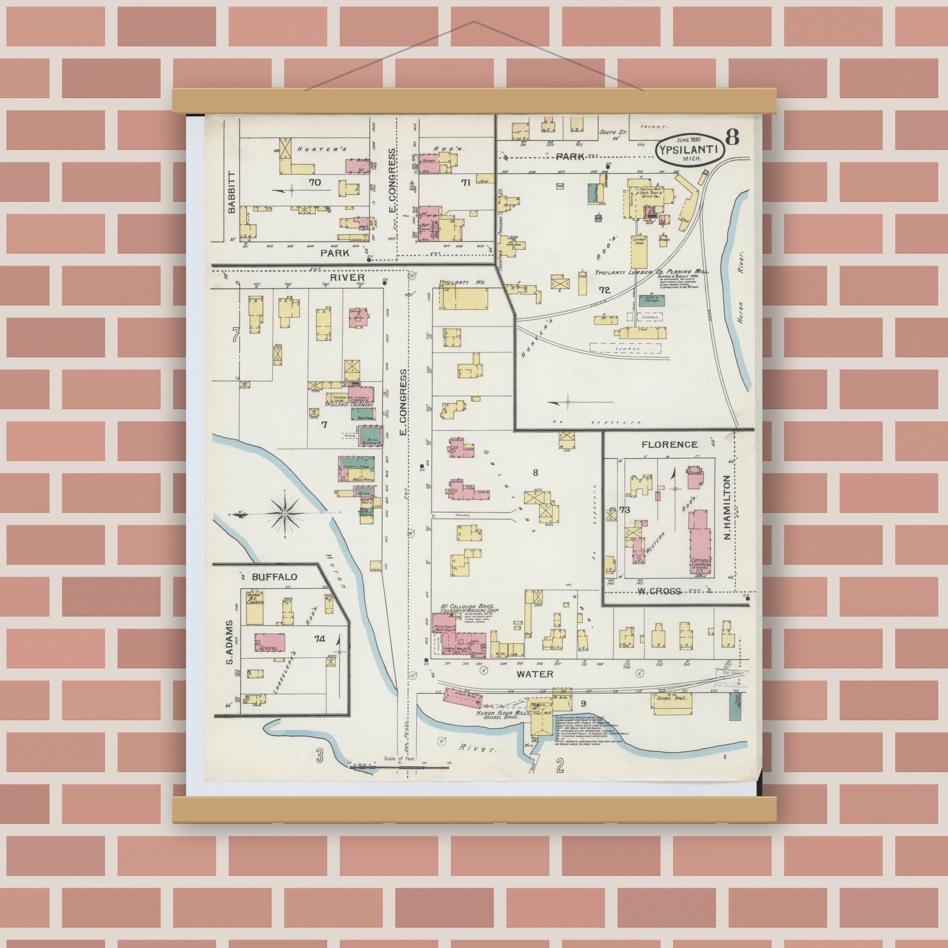 Old map wall art mockup — magnetic wood frame on brick wall — Sanborn Fire Insurance Map from Ypsilanti, Washtenaw County, Michigan (1893), Sheet #0008