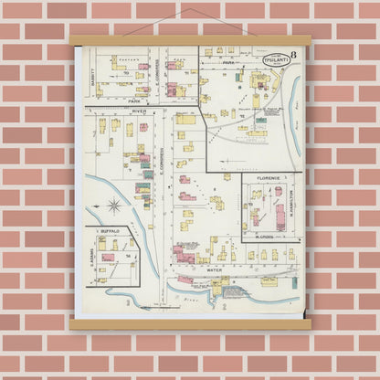 Old map wall art mockup — magnetic wood frame on brick wall — Sanborn Fire Insurance Map from Ypsilanti, Washtenaw County, Michigan (1893), Sheet #0008