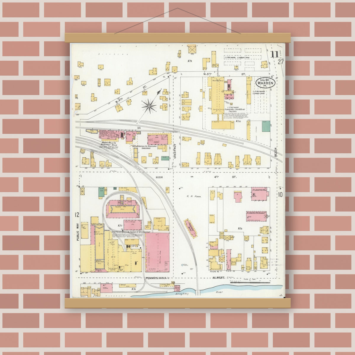 Old map wall art mockup — magnetic wood frame on brick wall — Sanborn Fire Insurance Map from Warren, Warren County, Pennsylvania (1904), Sheet #0011