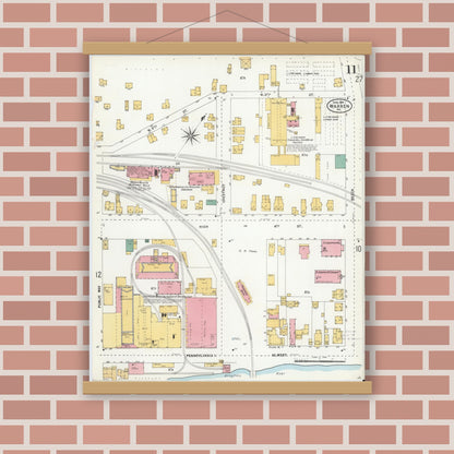Old map wall art mockup — magnetic wood frame on brick wall — Sanborn Fire Insurance Map from Warren, Warren County, Pennsylvania (1904), Sheet #0011