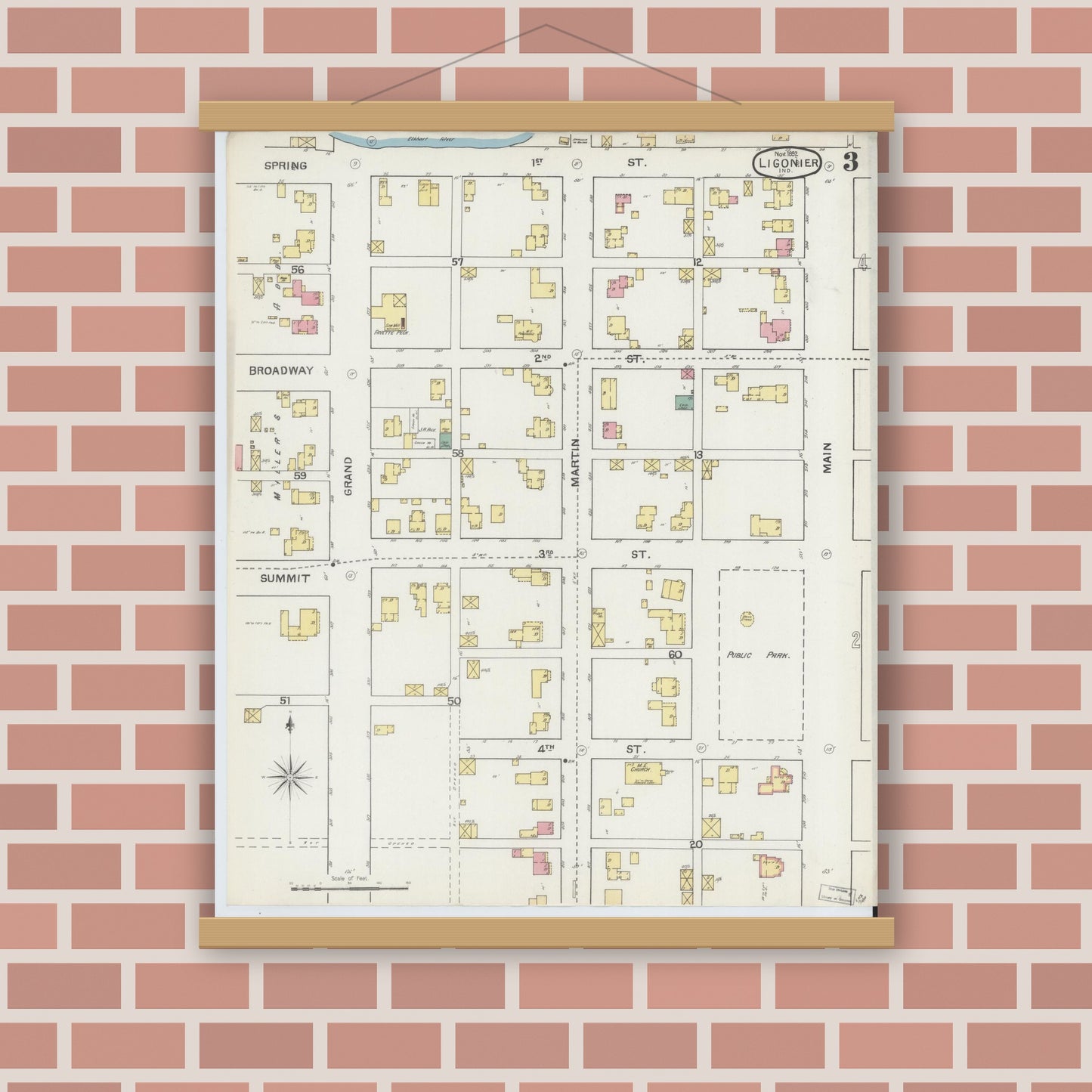 Old map wall art mockup — magnetic wood frame on brick wall — Sanborn Fire Insurance Map from Ligonier, Noble County, Indiana (1892), Sheet #0003