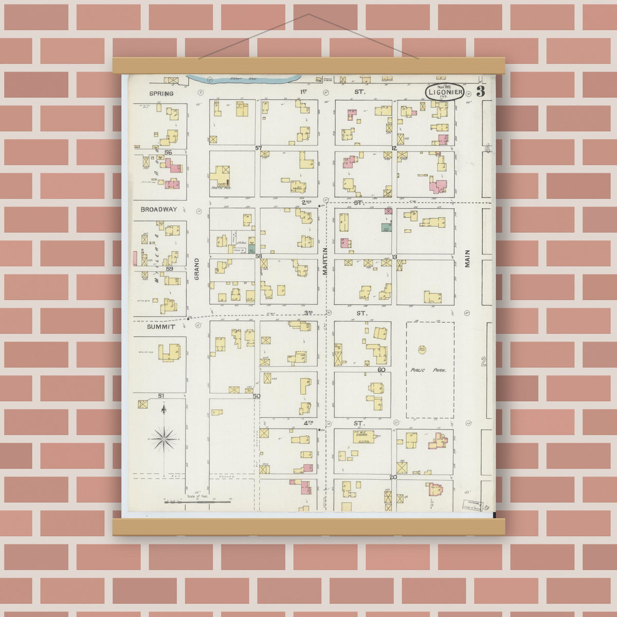 Old map wall art mockup — magnetic wood frame on brick wall — Sanborn Fire Insurance Map from Ligonier, Noble County, Indiana (1892), Sheet #0003