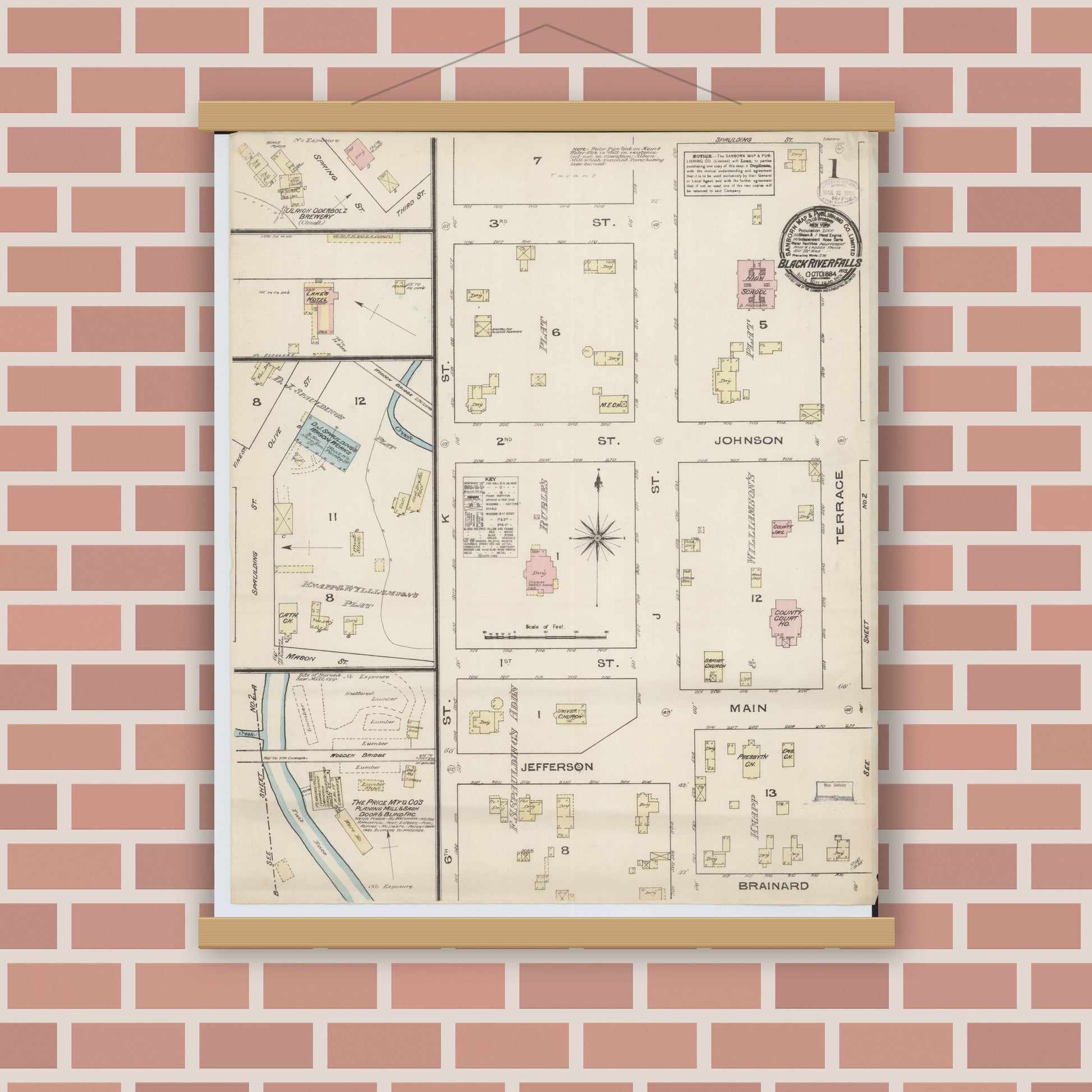 Old map wall art mockup — magnetic wood frame on brick wall — Sanborn Fire Insurance Map from Black River Falls, Jackson County, Wisconsin (1884) - Complete Map Set