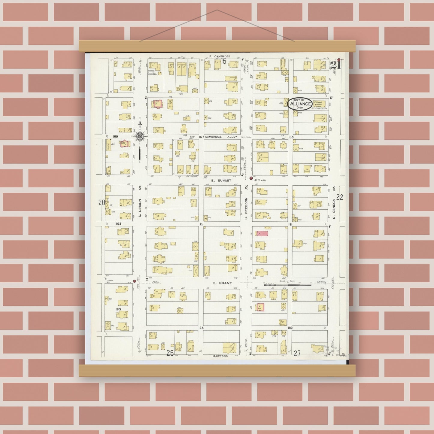 Old map wall art mockup — magnetic wood frame on brick wall — Sanborn Fire Insurance Map from Alliance, Stark County, Ohio (1911), Sheet #0021