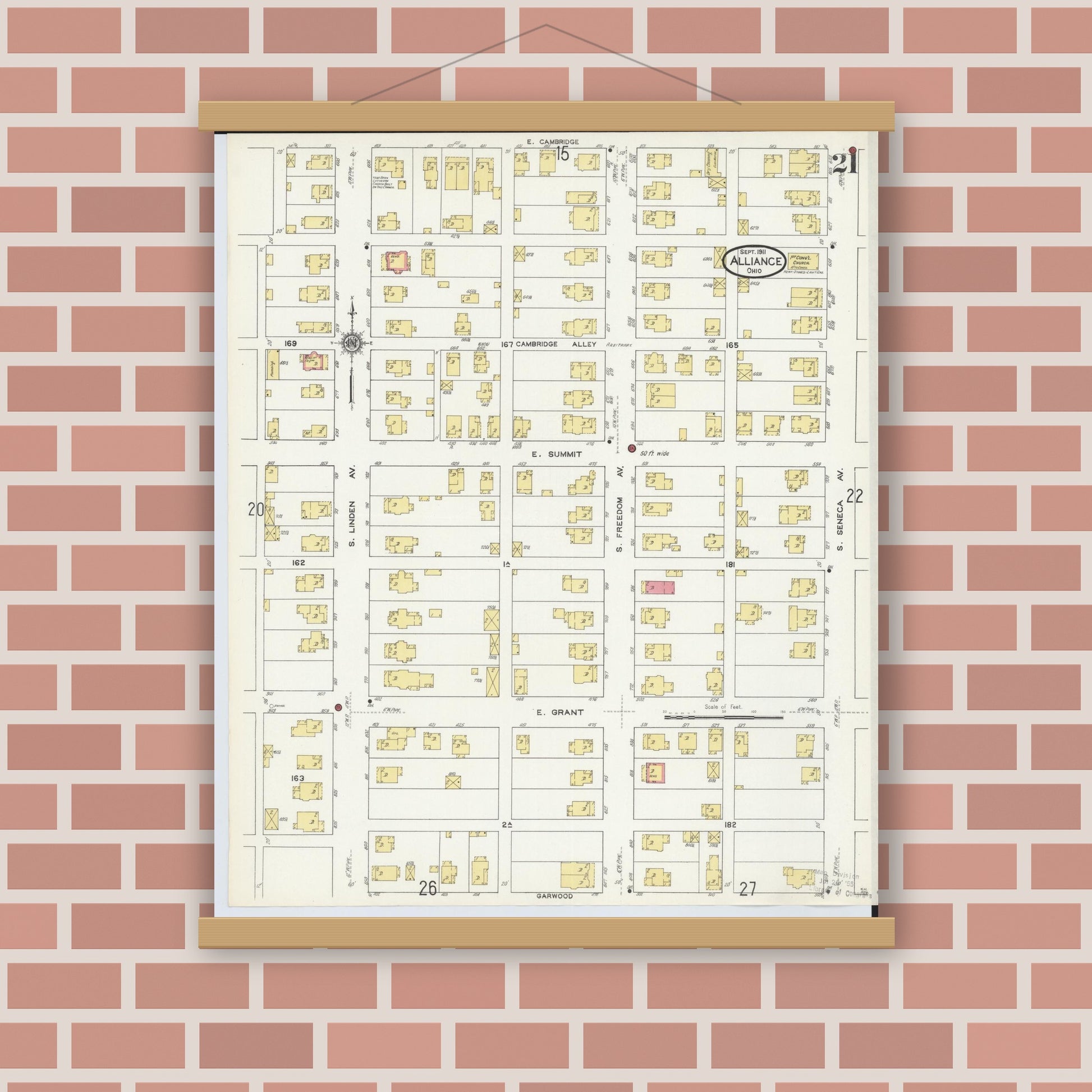 Old map wall art mockup — magnetic wood frame on brick wall — Sanborn Fire Insurance Map from Alliance, Stark County, Ohio (1911), Sheet #0021