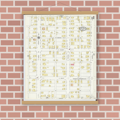 Old map wall art mockup — magnetic wood frame on brick wall — Sanborn Fire Insurance Map from Alliance, Stark County, Ohio (1911), Sheet #0021
