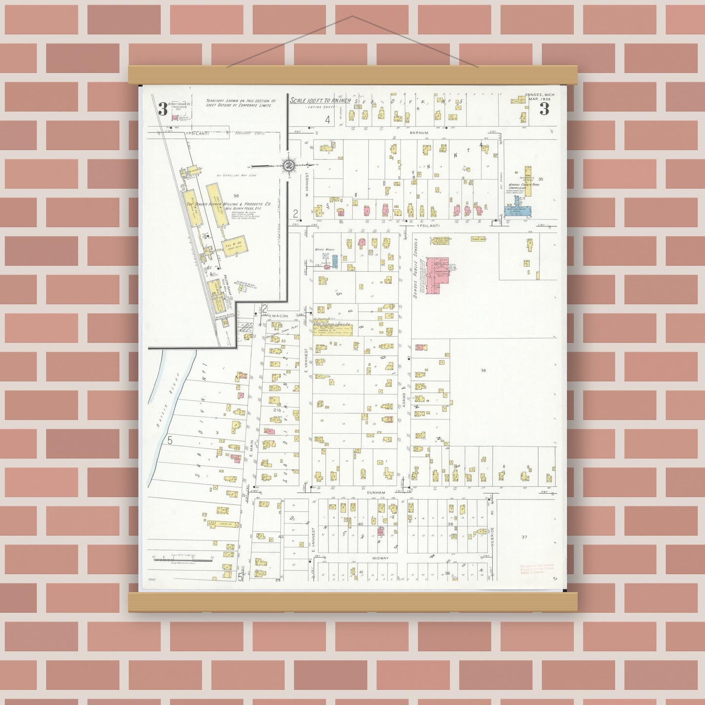 Old map wall art mockup — magnetic wood frame on brick wall — Sanborn Fire Insurance Map from Dundee, Monroe County, Michigan (1938), Sheet #0003