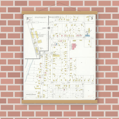 Old map wall art mockup — magnetic wood frame on brick wall — Sanborn Fire Insurance Map from Dundee, Monroe County, Michigan (1938), Sheet #0003