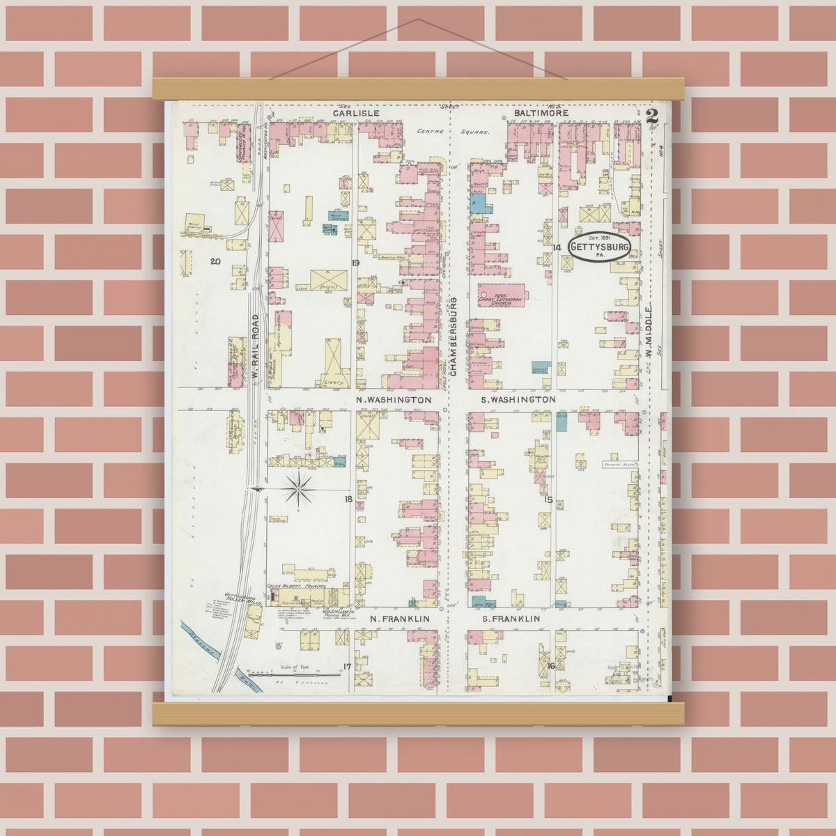 Old map wall art mockup — magnetic wood frame on brick wall — Sanborn Fire Insurance Map from Gettysburg, Adams County, Pennsylvania (1891), Sheet #0002
