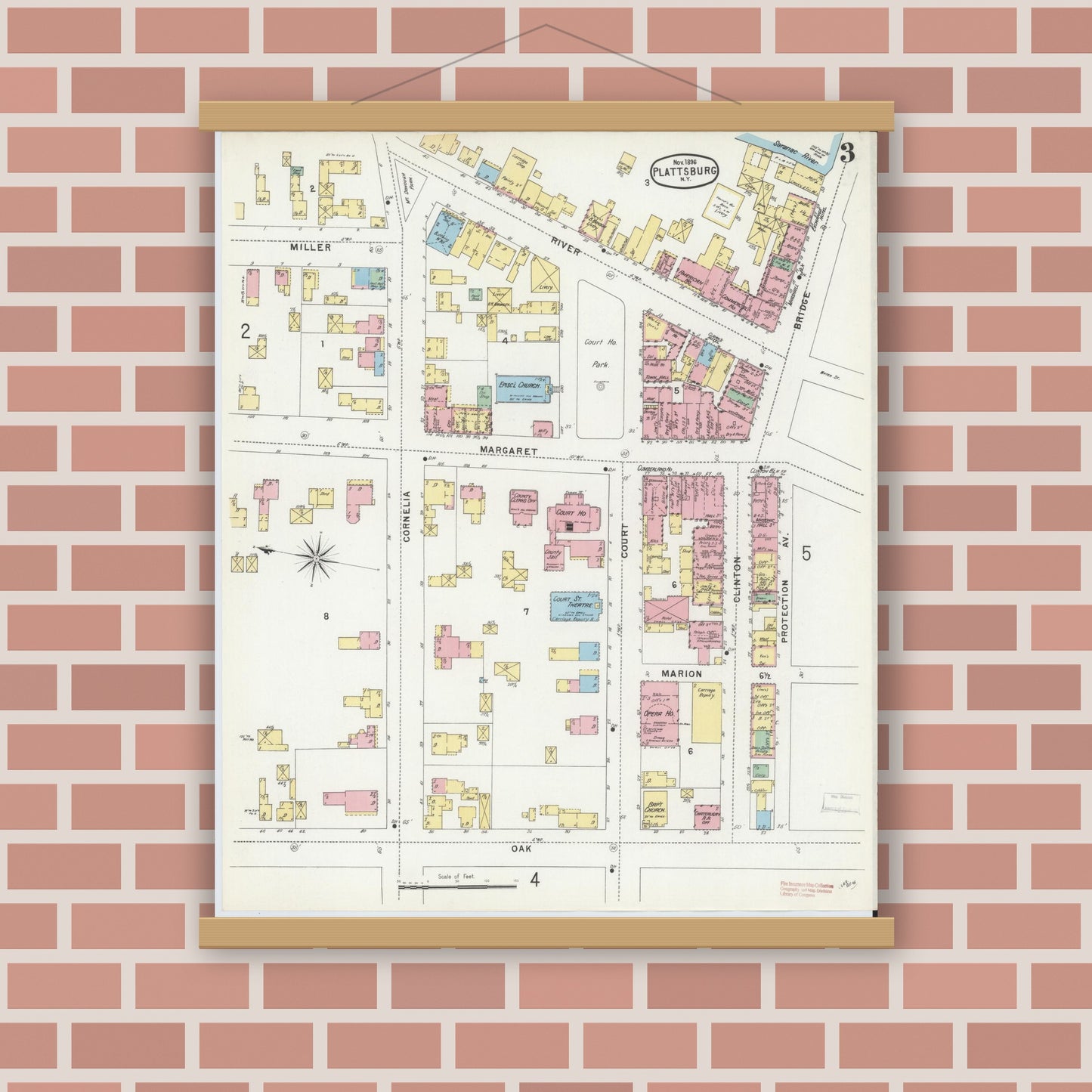 Old map wall art mockup — magnetic wood frame on brick wall — Sanborn Fire Insurance Map from Plattsburg, Clinton County, New York (1896), Sheet #0003