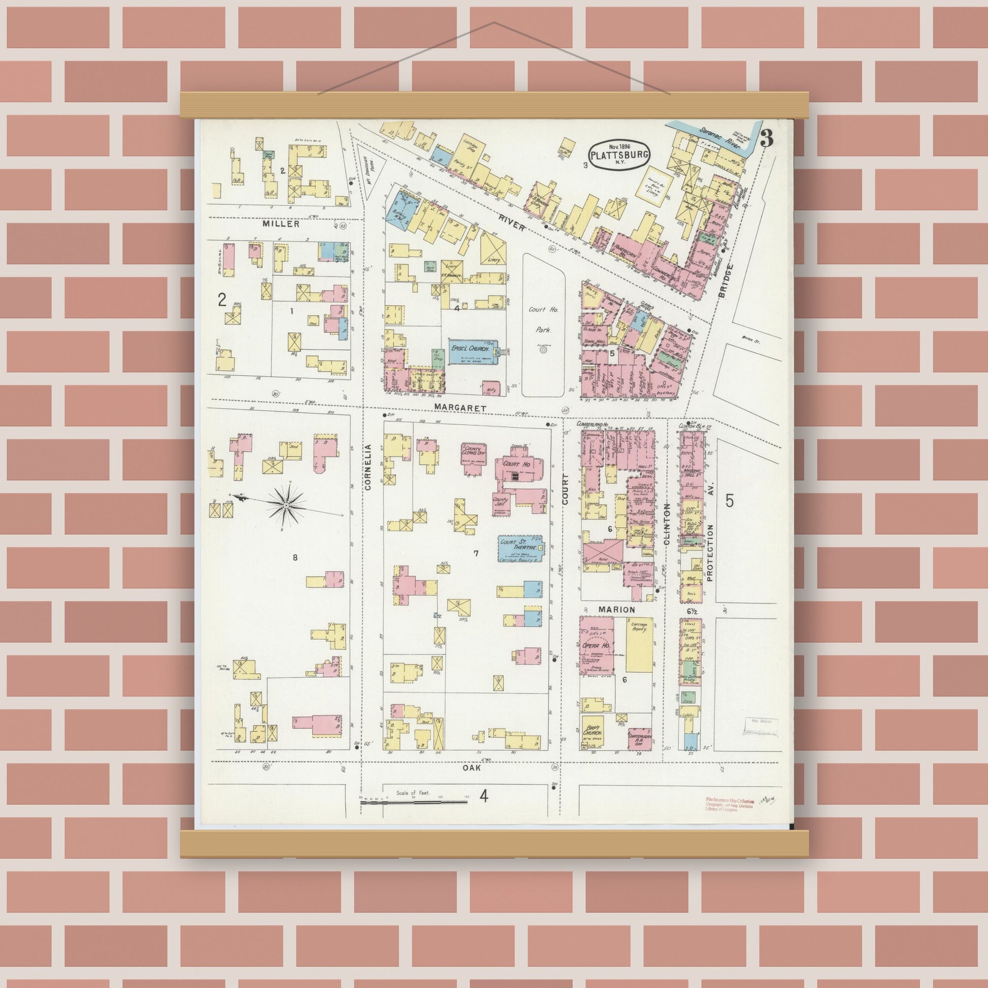 Old map wall art mockup — magnetic wood frame on brick wall — Sanborn Fire Insurance Map from Plattsburg, Clinton County, New York (1896), Sheet #0003