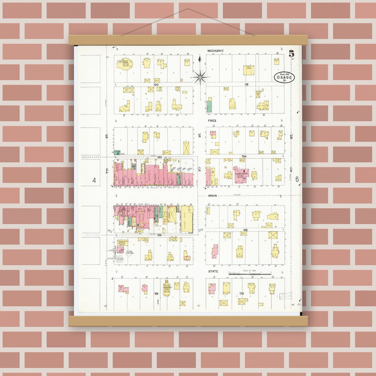 Old map wall art mockup — magnetic wood frame on brick wall — Sanborn Fire Insurance Map from Osage, Mitchell County, Iowa (1905), Sheet #0005