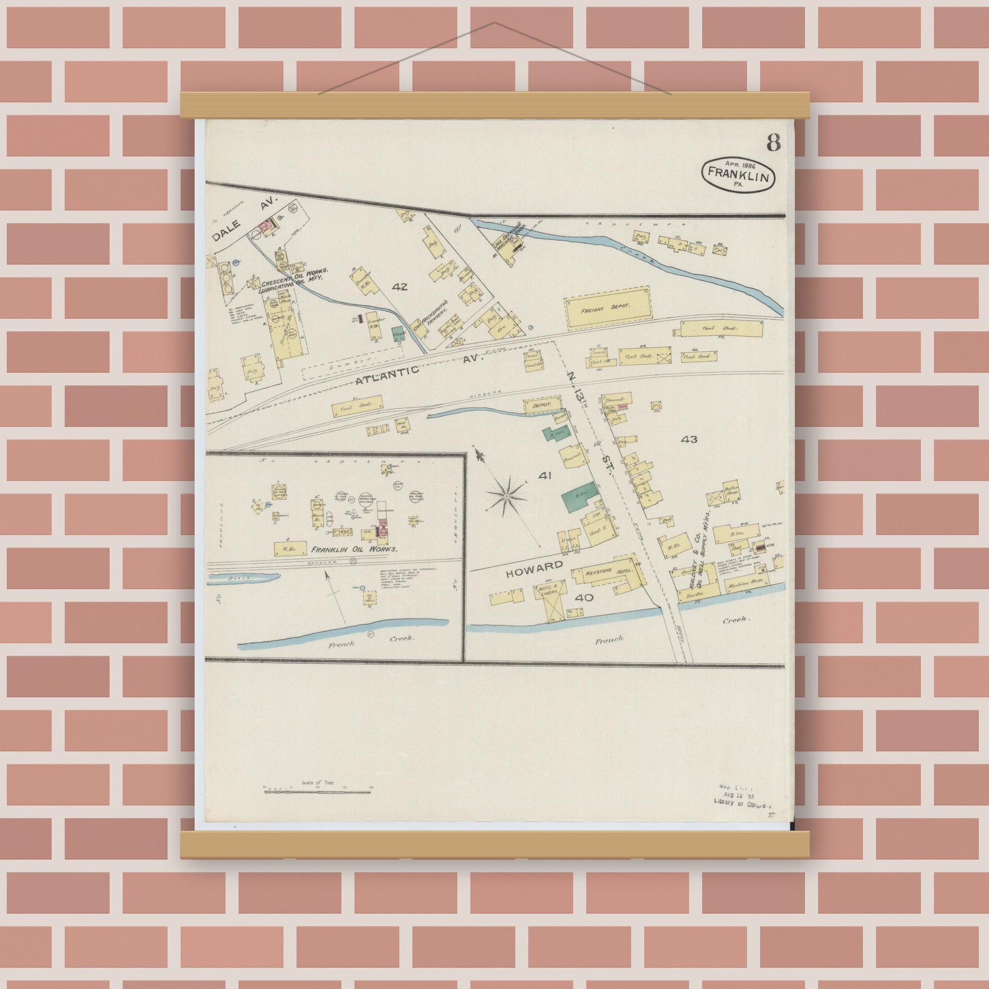 Old map wall art mockup — magnetic wood frame on brick wall — Sanborn Fire Insurance Map from Franklin, Venango County, Pennsylvania (1888), Sheet #0008