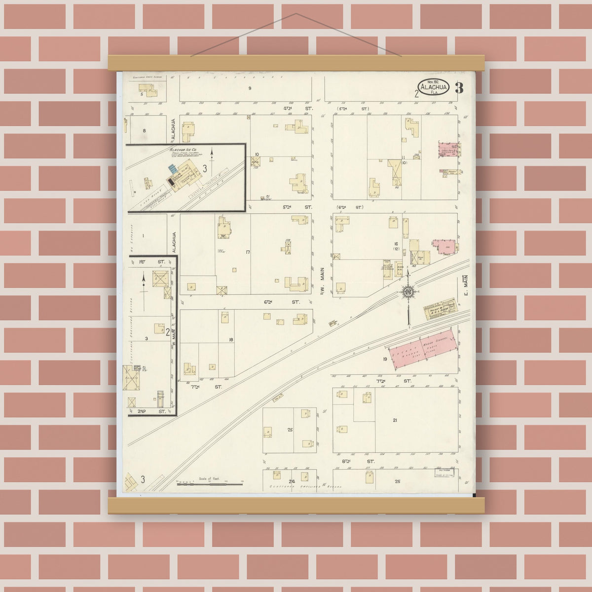 Old map wall art mockup — magnetic wood frame on brick wall — Sanborn Fire Insurance Map from Alachua, Alachua County, Florida (1912), Sheet #0003