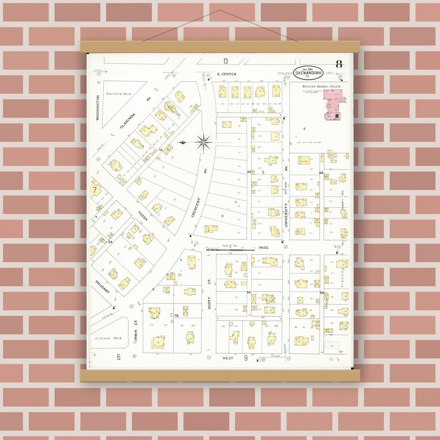 Old map wall art mockup — magnetic wood frame on brick wall — Sanborn Fire Insurance Map from Shenandoah, Page County, Iowa (1909), Sheet #0008