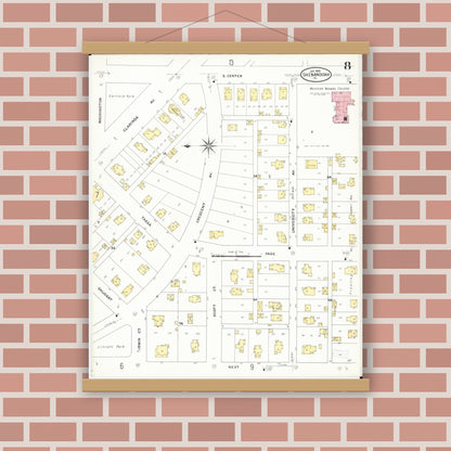 Old map wall art mockup — magnetic wood frame on brick wall — Sanborn Fire Insurance Map from Shenandoah, Page County, Iowa (1909), Sheet #0008