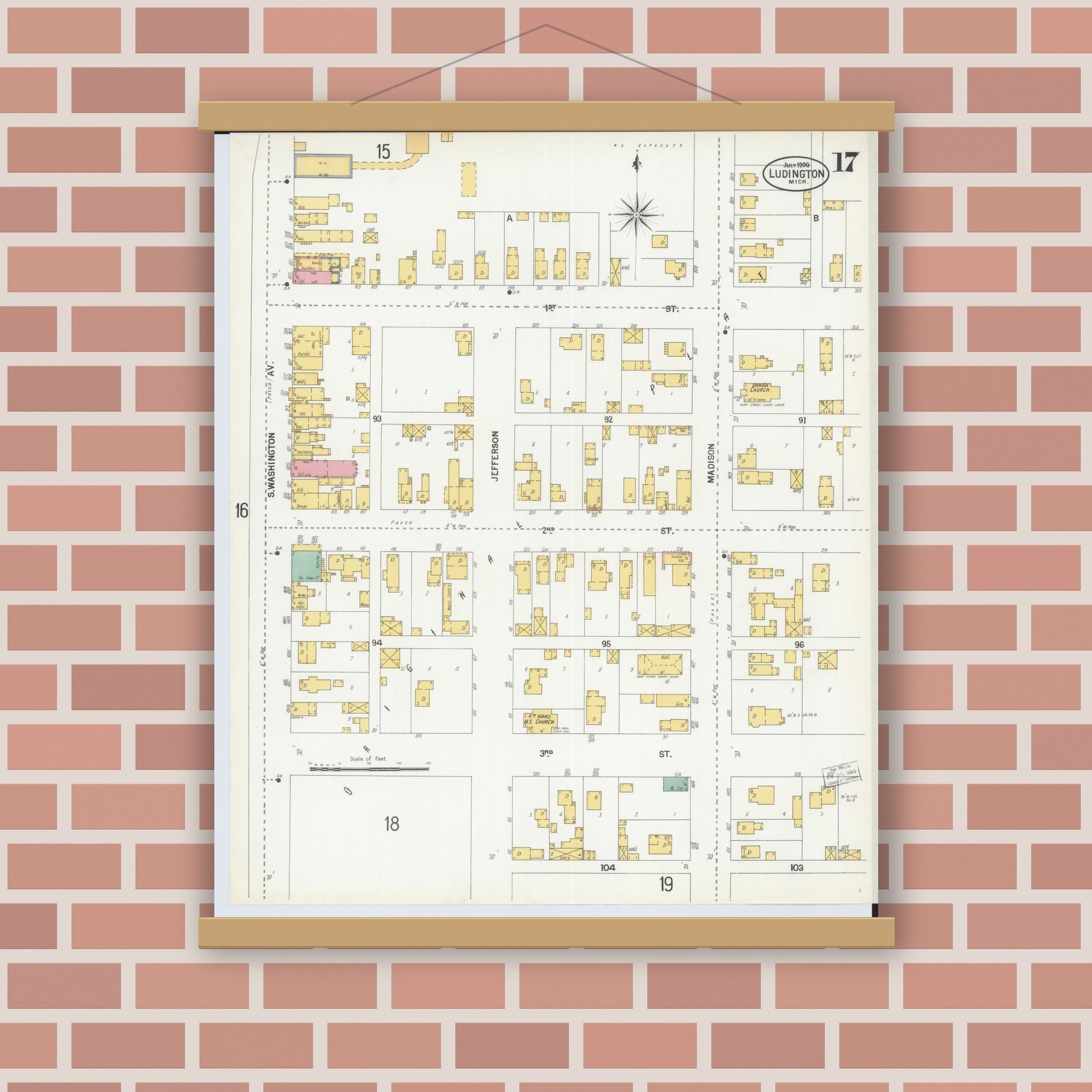 Old map wall art mockup — magnetic wood frame on brick wall — Sanborn Fire Insurance Map from Ludington, Mason County, Michigan (1900), Sheet #0017