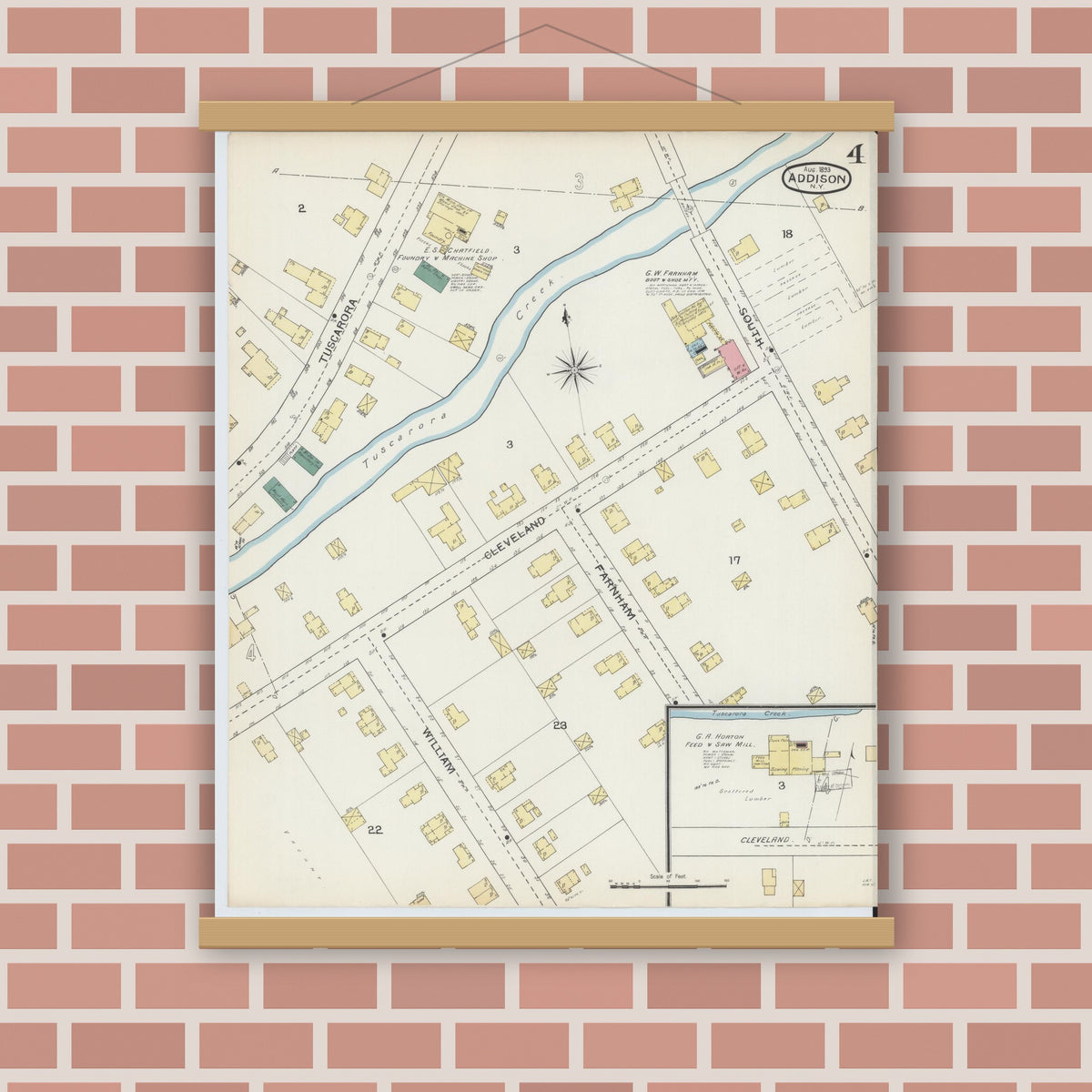 Old map wall art mockup — magnetic wood frame on brick wall — Sanborn Fire Insurance Map from Addison, Steuben County, New York (1893), Sheet #0004