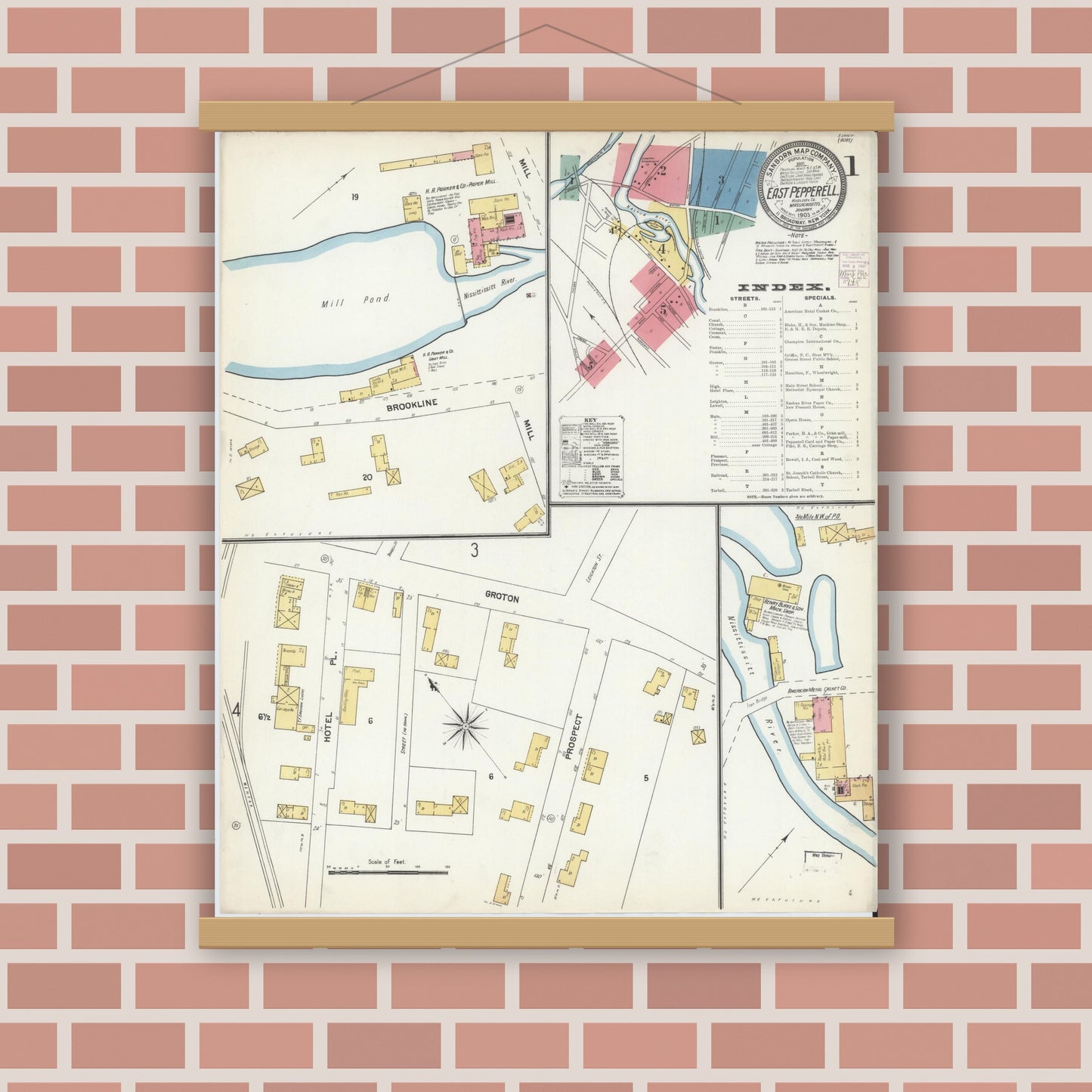 Old map wall art mockup — magnetic wood frame on brick wall — Sanborn Fire Insurance Map from East Pepperell, Middlesex County, Massachusetts (1903) - Complete Map Set