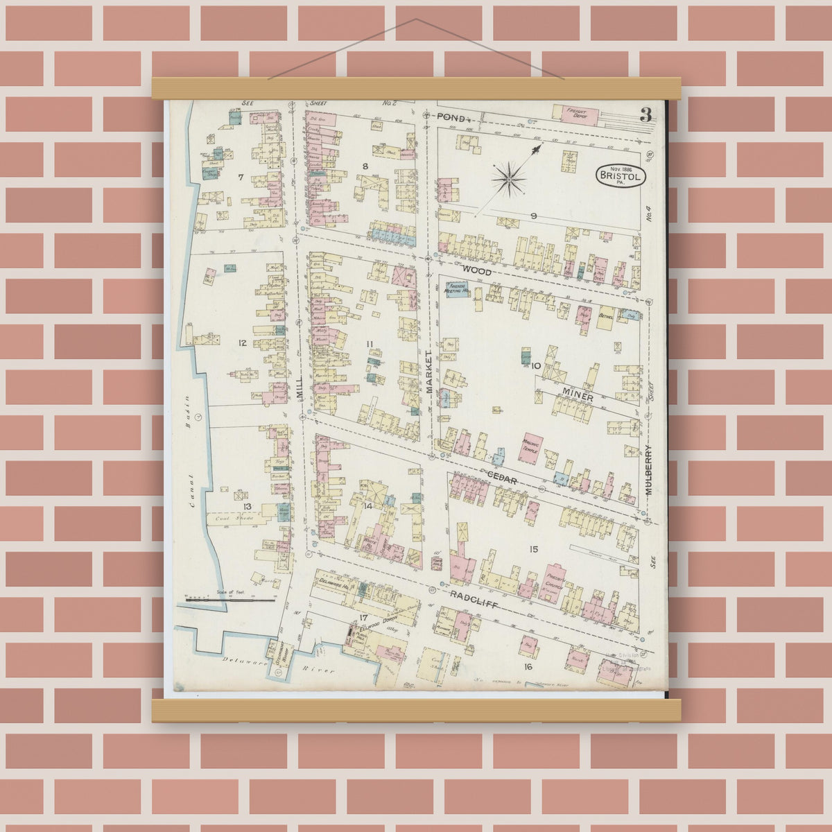 Old map wall art mockup — magnetic wood frame on brick wall — Sanborn Fire Insurance Map from Bristol, Bucks County, Pennsylvania (1886), Sheet #0003