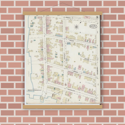 Old map wall art mockup — magnetic wood frame on brick wall — Sanborn Fire Insurance Map from Bristol, Bucks County, Pennsylvania (1886), Sheet #0003