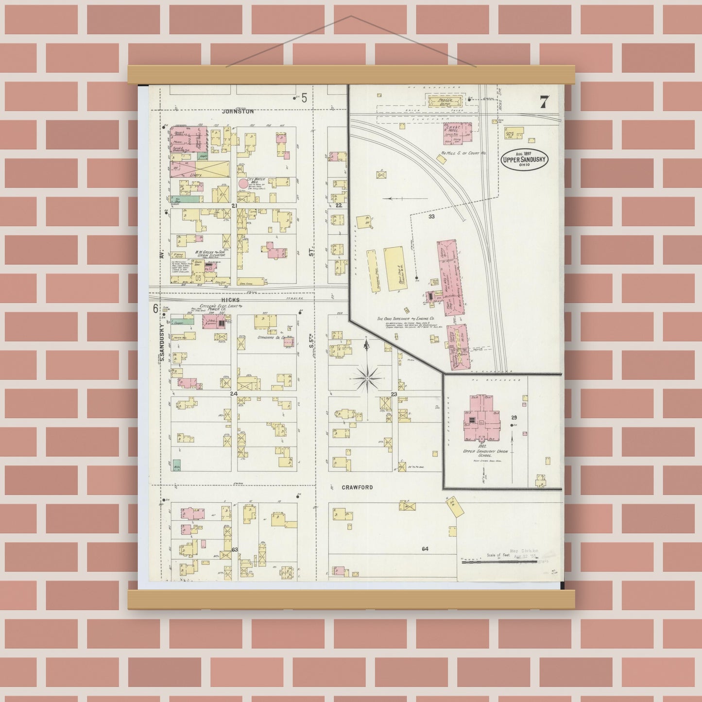 Old map wall art mockup — magnetic wood frame on brick wall — Sanborn Fire Insurance Map from Upper Sandusky, Wyandot County, Ohio (1897), Sheet #0007