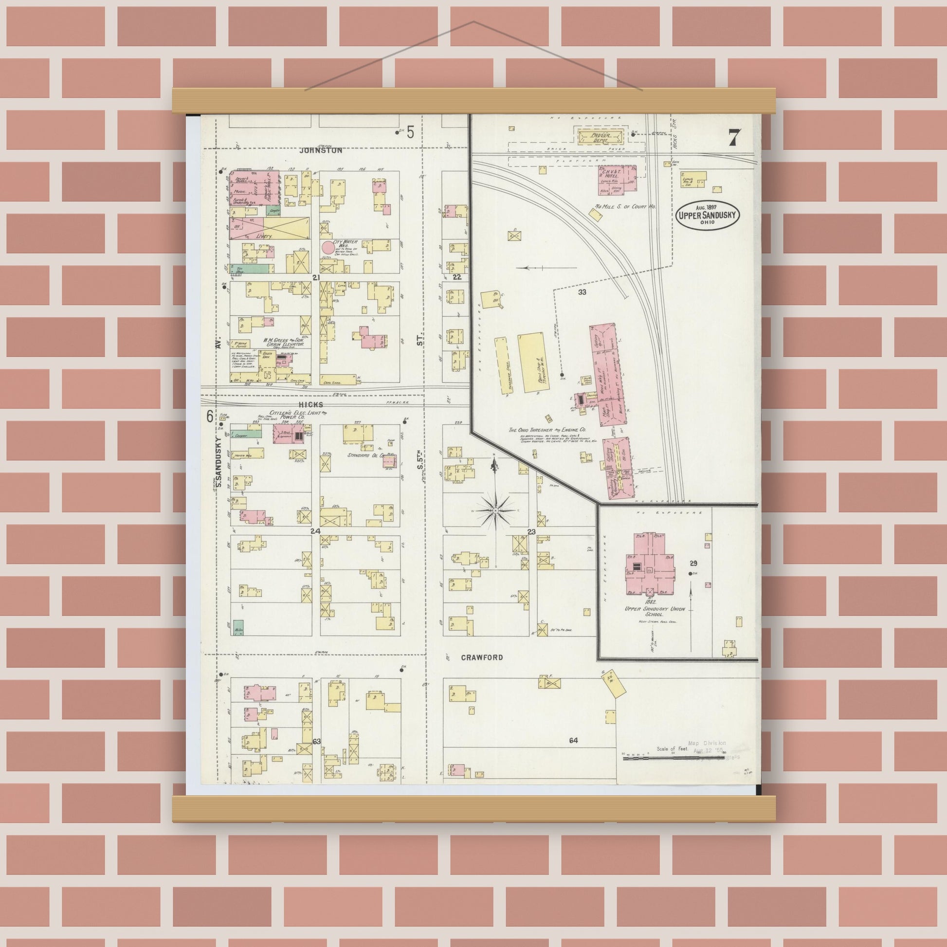Old map wall art mockup — magnetic wood frame on brick wall — Sanborn Fire Insurance Map from Upper Sandusky, Wyandot County, Ohio (1897), Sheet #0007