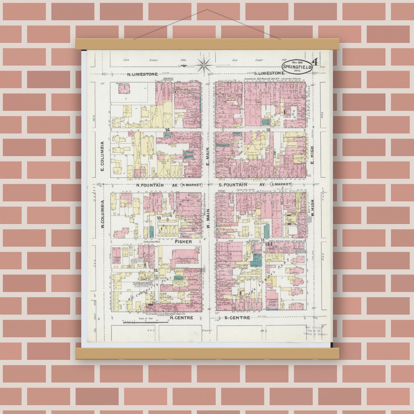 Old map wall art mockup — magnetic wood frame on brick wall — Sanborn Fire Insurance Map from Springfield, Clark County, Ohio (1891), Sheet #0004