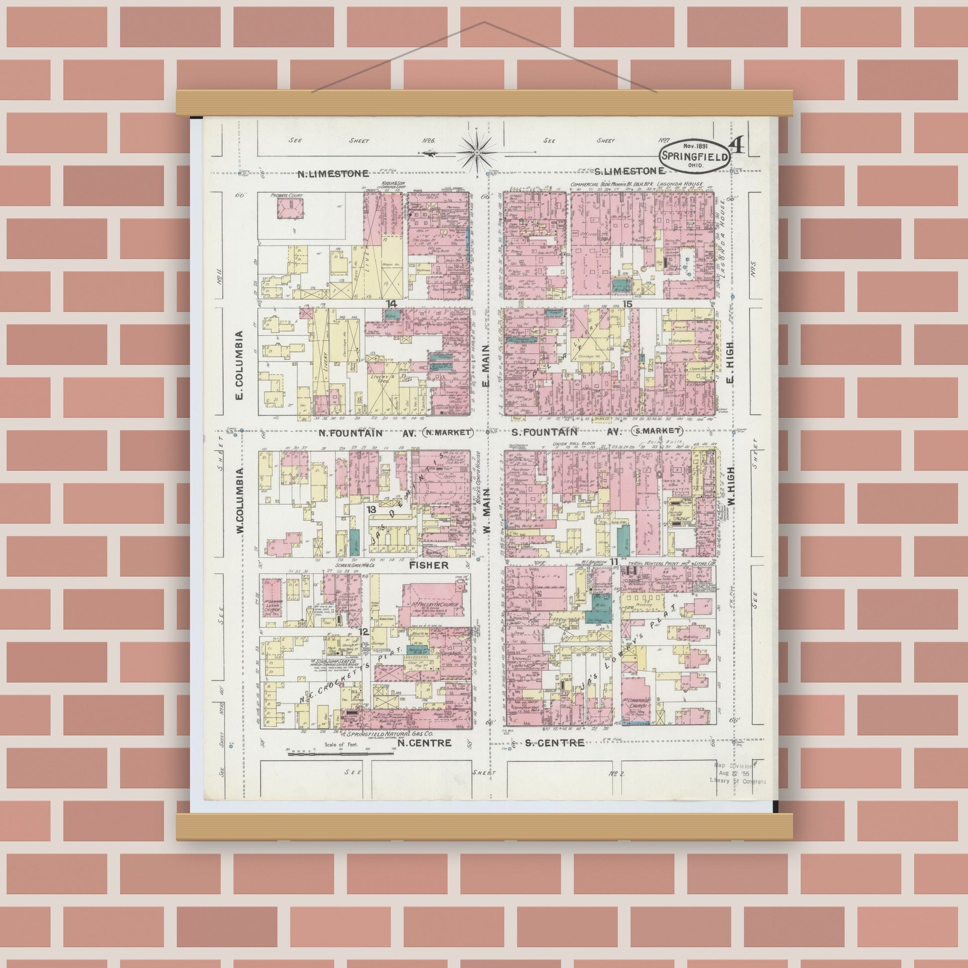 Old map wall art mockup — magnetic wood frame on brick wall — Sanborn Fire Insurance Map from Springfield, Clark County, Ohio (1891), Sheet #0004