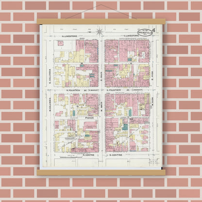 Old map wall art mockup — magnetic wood frame on brick wall — Sanborn Fire Insurance Map from Springfield, Clark County, Ohio (1891), Sheet #0004