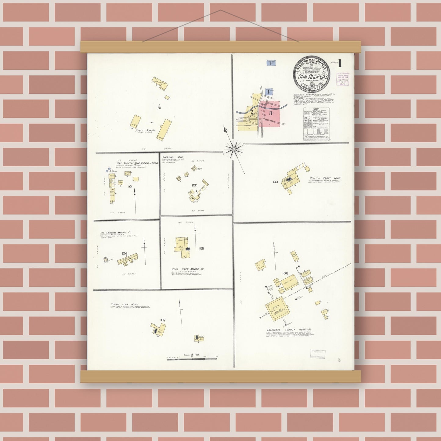 Old map wall art mockup — magnetic wood frame on brick wall — Sanborn Fire Insurance Map from San Andreas, Calaveras County, California (1908) - Complete Map Set