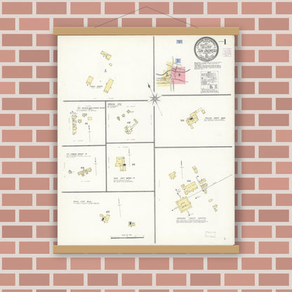 Old map wall art mockup — magnetic wood frame on brick wall — Sanborn Fire Insurance Map from San Andreas, Calaveras County, California (1908) - Complete Map Set