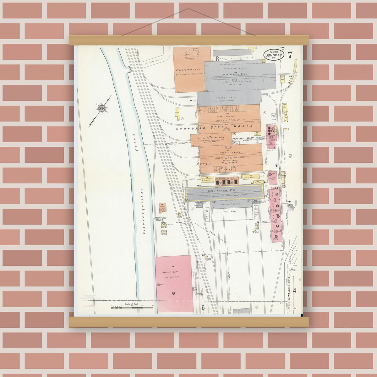 Old map wall art mockup — magnetic wood frame on brick wall — Sanborn Fire Insurance Map from Burnham, Mifflin County, Pennsylvania (1910), Sheet #0007