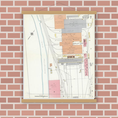 Old map wall art mockup — magnetic wood frame on brick wall — Sanborn Fire Insurance Map from Burnham, Mifflin County, Pennsylvania (1910), Sheet #0007
