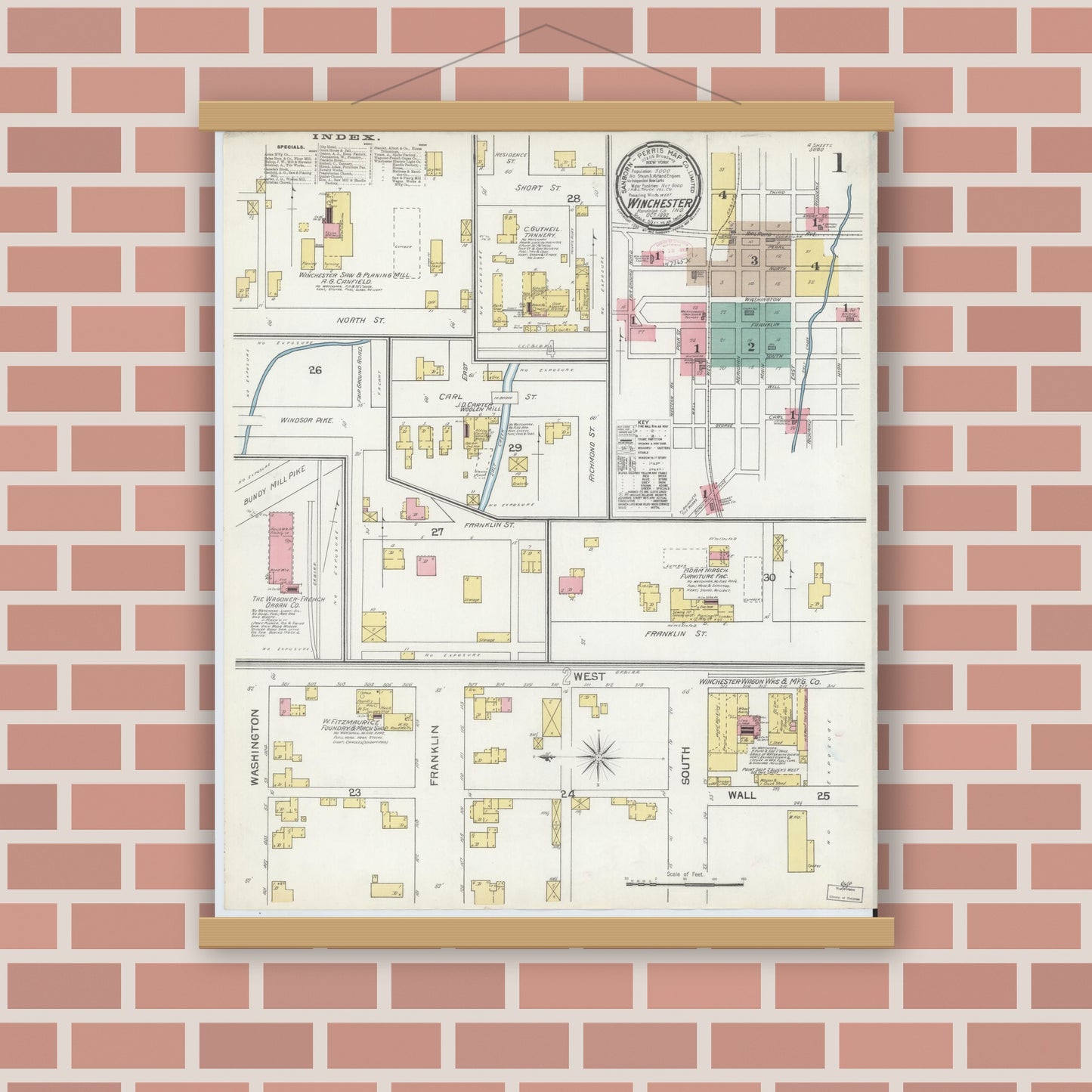 Old map wall art mockup — magnetic wood frame on brick wall — Sanborn Fire Insurance Map from Winchester, Randolph County, Indiana (1892) - Complete Map Set