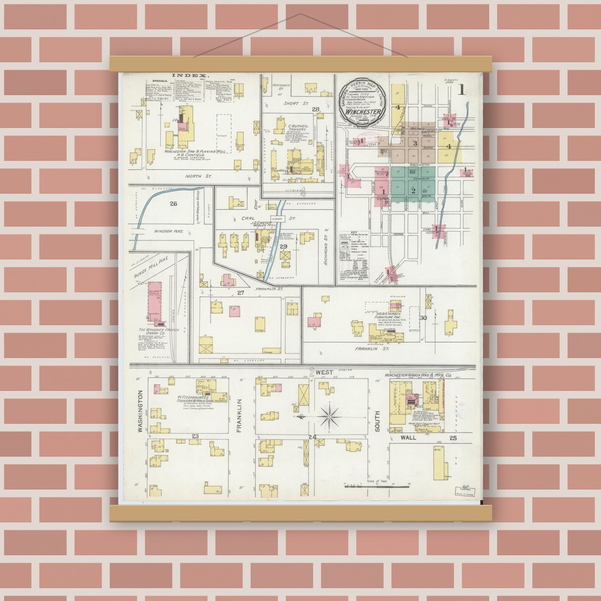 Old map wall art mockup — magnetic wood frame on brick wall — Sanborn Fire Insurance Map from Winchester, Randolph County, Indiana (1892) - Complete Map Set