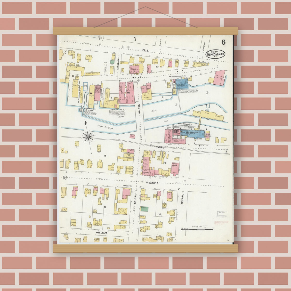 Old map wall art mockup — magnetic wood frame on brick wall — Sanborn Fire Insurance Map from Seneca Falls, Seneca County, New York (1904), Sheet #0006