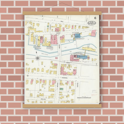 Old map wall art mockup — magnetic wood frame on brick wall — Sanborn Fire Insurance Map from Seneca Falls, Seneca County, New York (1904), Sheet #0006