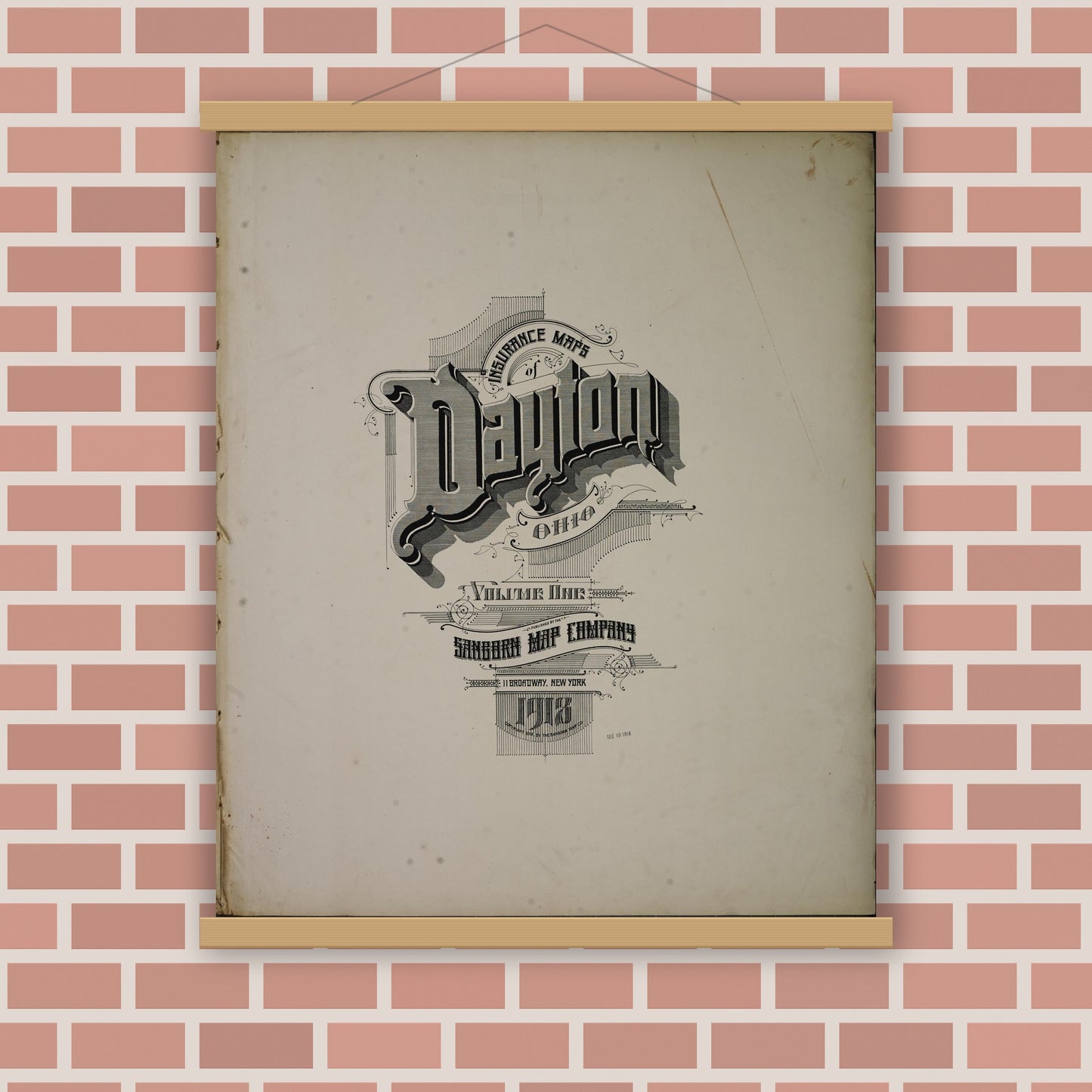 Old map wall art mockup — magnetic wood frame on brick wall — Sanborn Fire Insurance Map from Dayton, Montgomery County, Ohio (1918), Sheet #0001