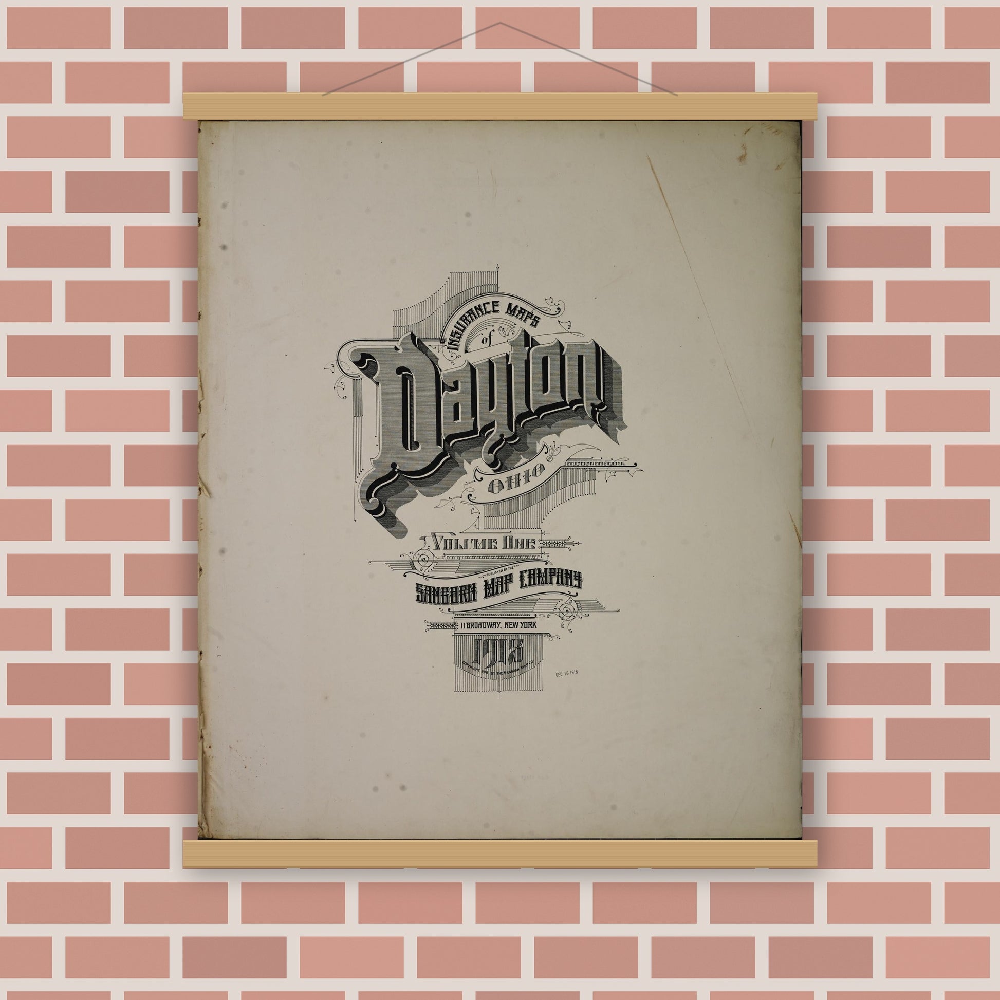 Old map wall art mockup — magnetic wood frame on brick wall — Sanborn Fire Insurance Map from Dayton, Montgomery County, Ohio (1918), Sheet #0001