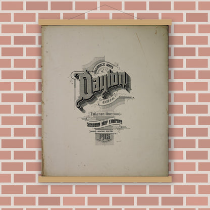 Old map wall art mockup — magnetic wood frame on brick wall — Sanborn Fire Insurance Map from Dayton, Montgomery County, Ohio (1918), Sheet #0001
