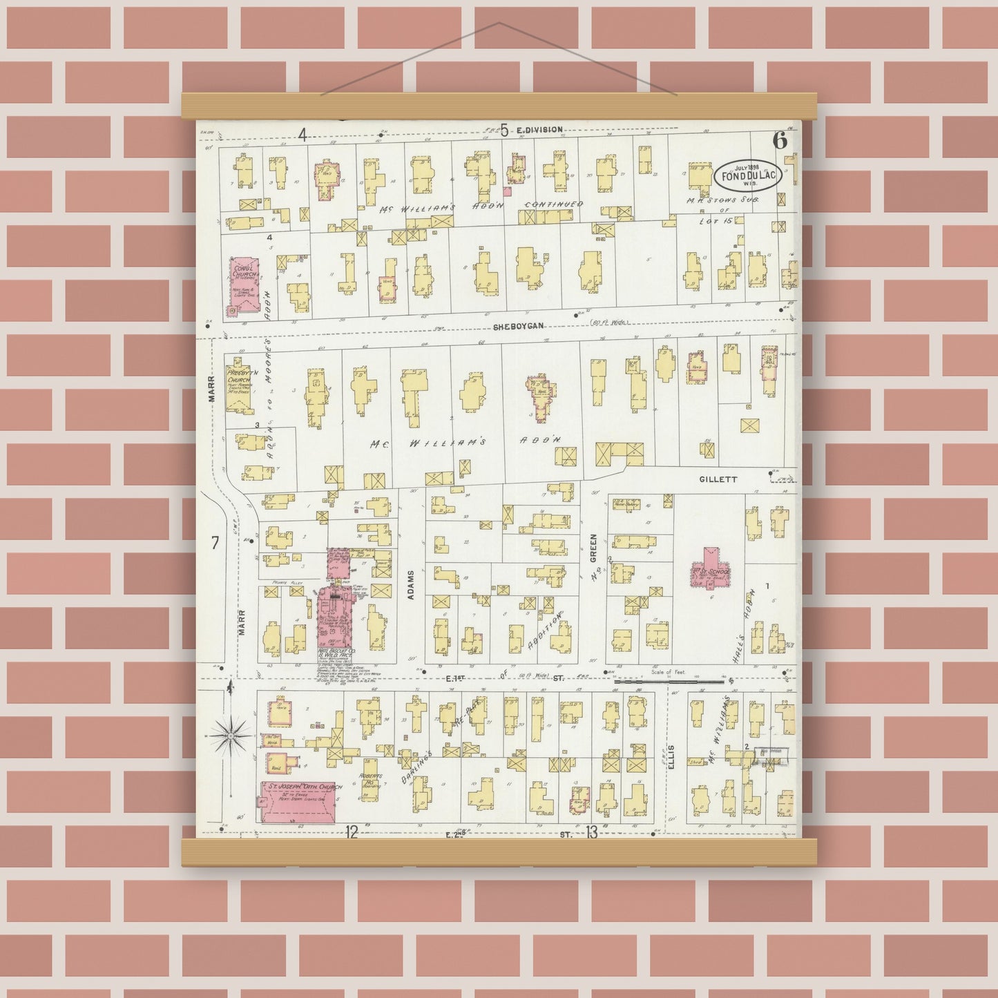 Old map wall art mockup — magnetic wood frame on brick wall — Sanborn Fire Insurance Map from Fond du Lac, Fond du Lac County, Wisconsin (1898), Sheet #0006