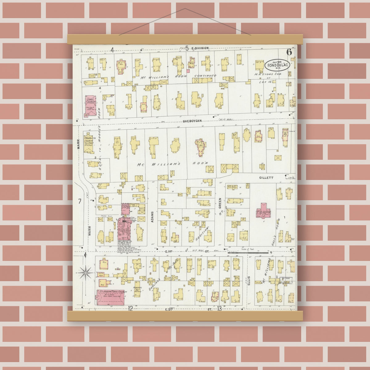 Old map wall art mockup — magnetic wood frame on brick wall — Sanborn Fire Insurance Map from Fond du Lac, Fond du Lac County, Wisconsin (1898), Sheet #0006