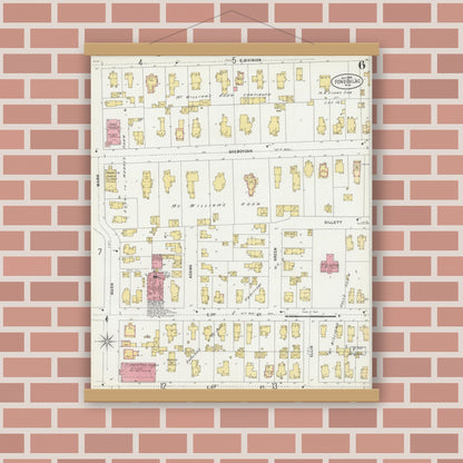 Old map wall art mockup — magnetic wood frame on brick wall — Sanborn Fire Insurance Map from Fond du Lac, Fond du Lac County, Wisconsin (1898), Sheet #0006