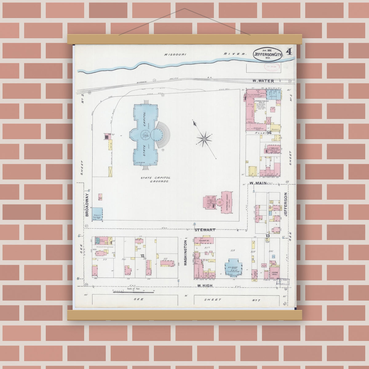 Old map wall art mockup — magnetic wood frame on brick wall — Sanborn Fire Insurance Map from Jefferson City, Cole County, Missouri (1892), Sheet #0004